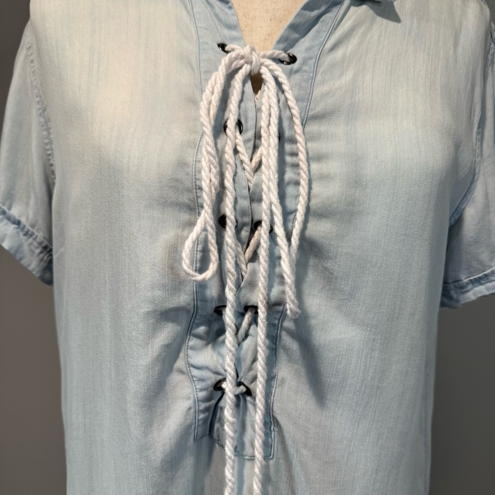 Rails Vintage Wash Chambray Short Sleeve Shirt Dress Lace Up Front Coastal S - Picture 7 of 14